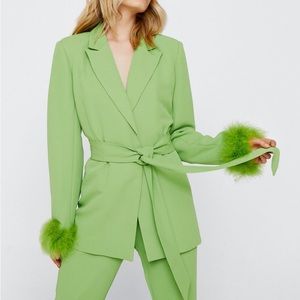 Nasty Gal Green Belted Blazer & Pants With Feather Cuffs